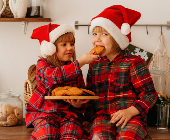 Kids eating cookies christmas outfits